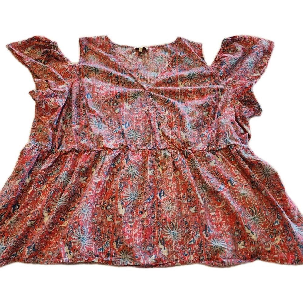 Lucky Brand Red Blue Size 3XL Cold Shoulder Faux Wrap V Neck Ruffle 4th Of July